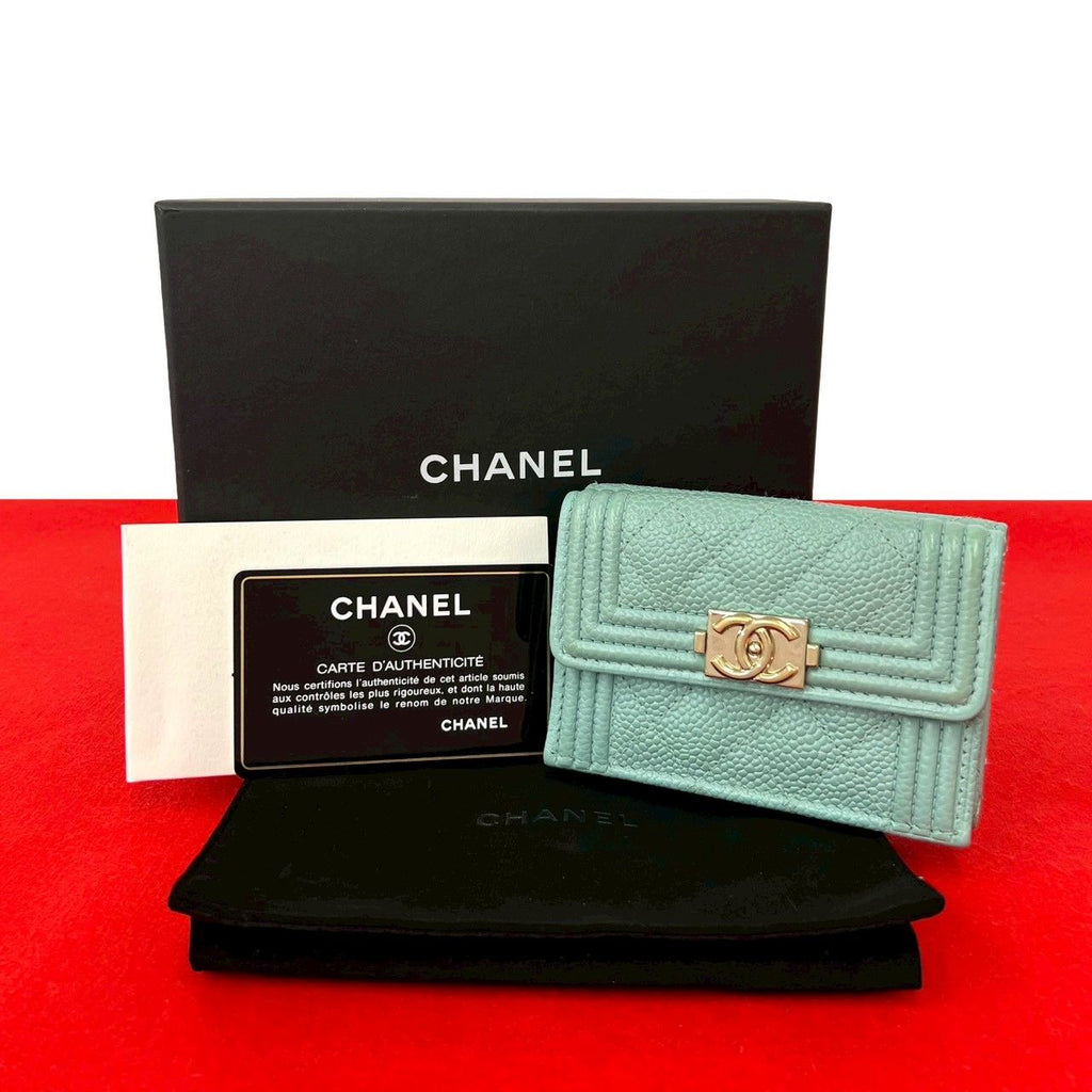 Chanel Box Card with Boy CC Logo Caviar Leather Trifold Wallet Light Blue