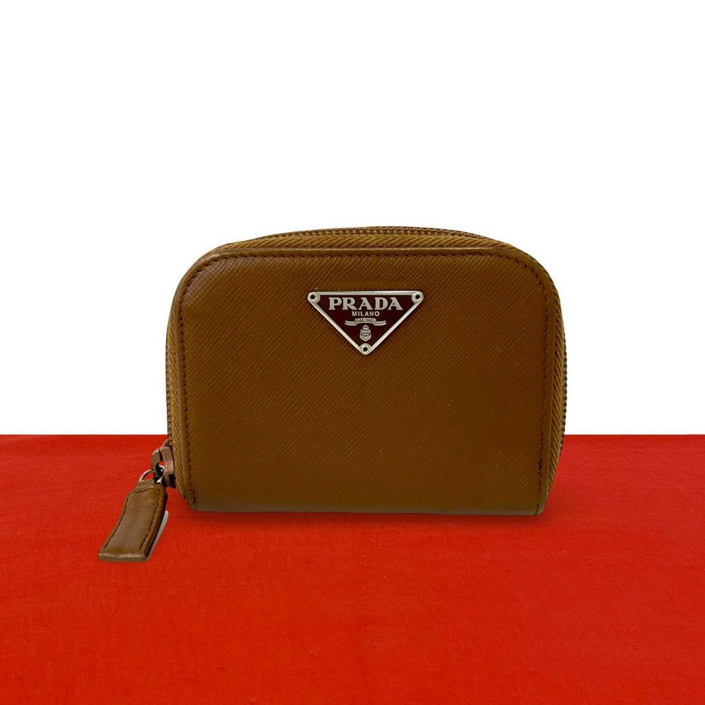 Prada Triangle Logo Saffiano Leather Coin Case Wallet Purse Brown