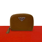 Prada Triangle Logo Saffiano Leather Coin Case Wallet Purse Brown