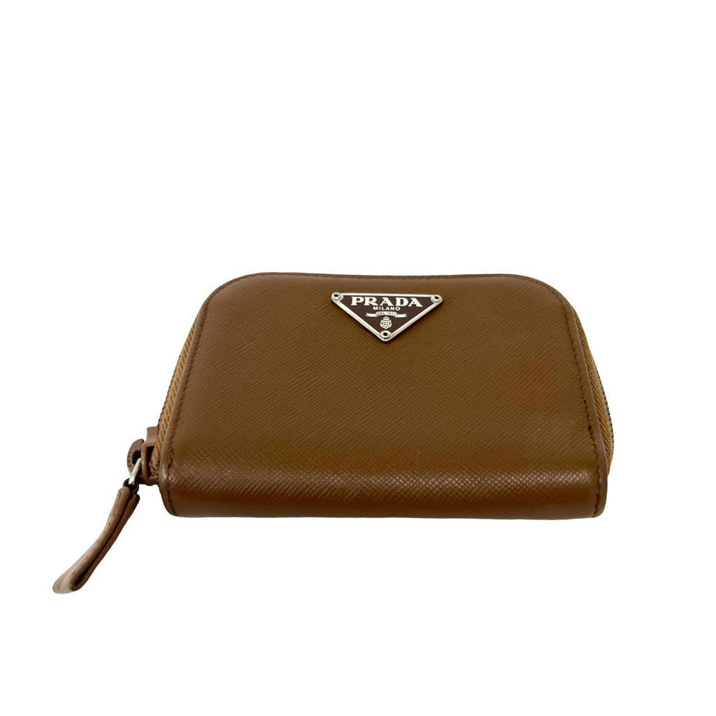 Prada Triangle Logo Saffiano Leather Coin Case Wallet Purse Brown — view 6
