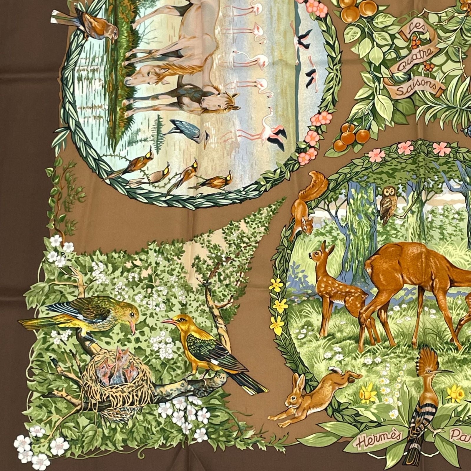 Hermes Carre 90 les Quatre Saisons Four Seasons Brown Animal Flower Scarf Silk — view 4