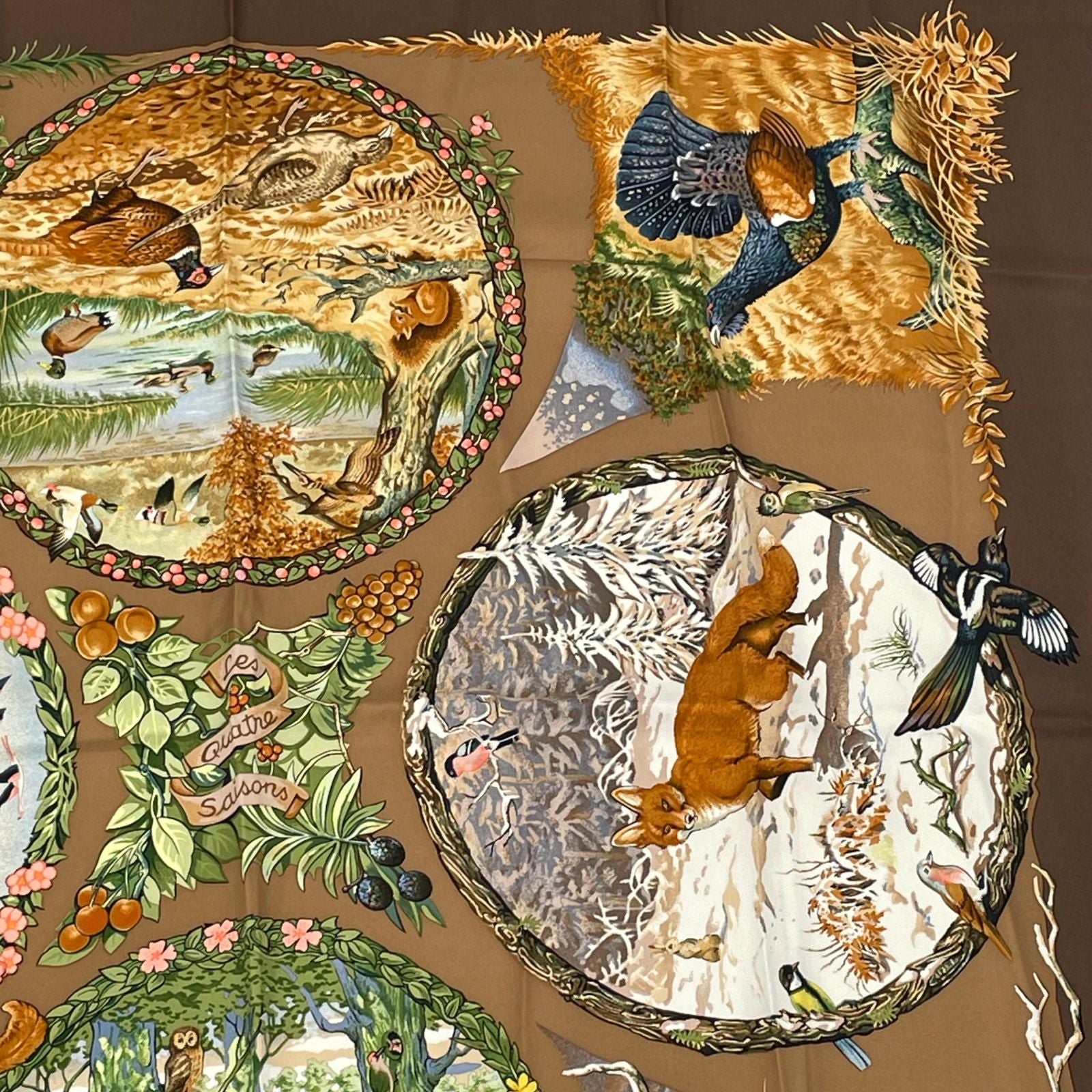Hermes Carre 90 les Quatre Saisons Four Seasons Brown Animal Flower Scarf Silk — view 3