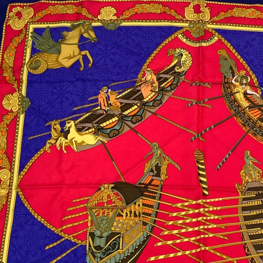Hermes Scarf Carre 90 Silk les Bissone de Venise Venice Ship Festival Red Blue — view 2
