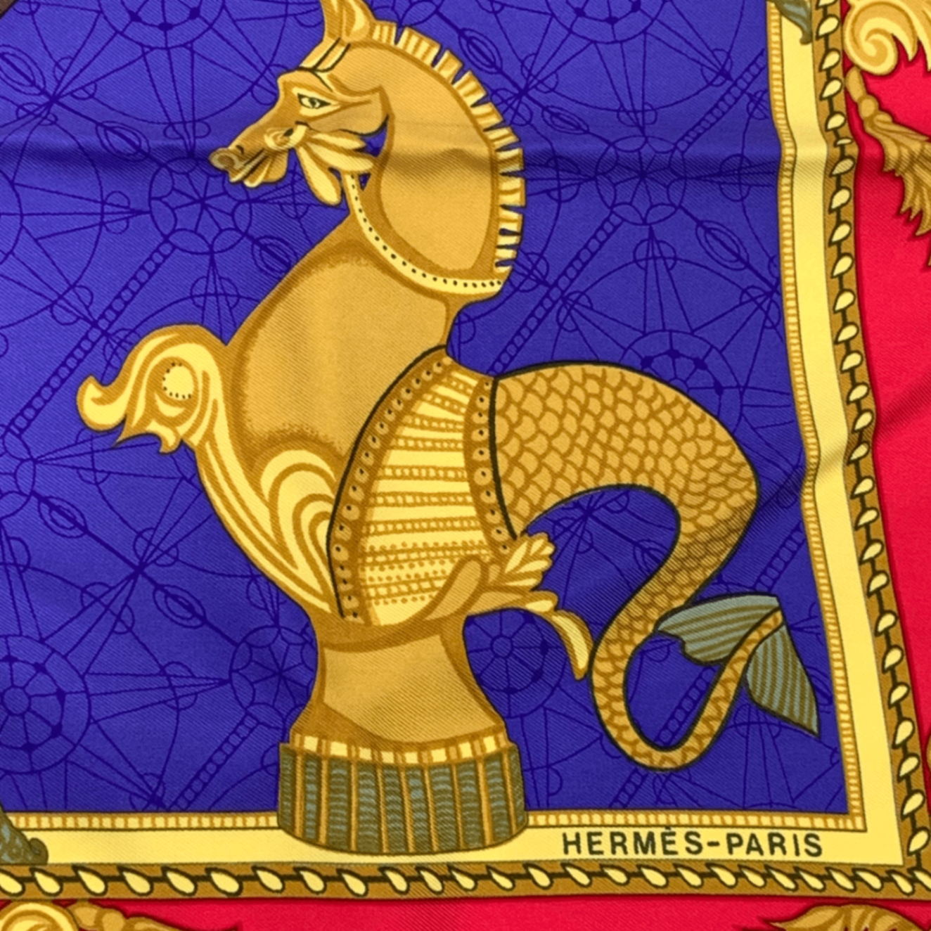 Hermes Scarf Carre 90 Silk les Bissone de Venise Venice Ship Festival Red Blue — view 6