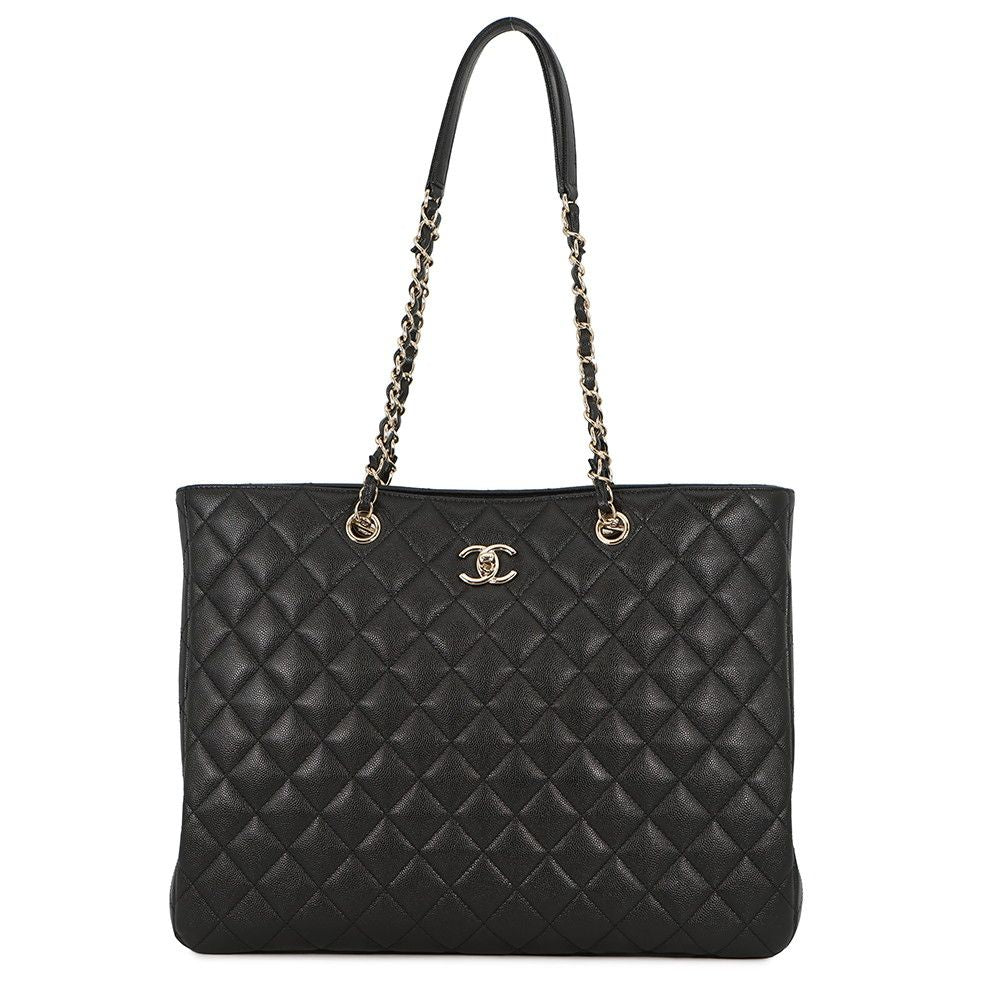 Chanel Chain Tote Quilted CC Logo Large Shopping Caviar Leather Black