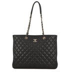 Chanel Chain Tote Quilted CC Logo Large Shopping Caviar Leather Black