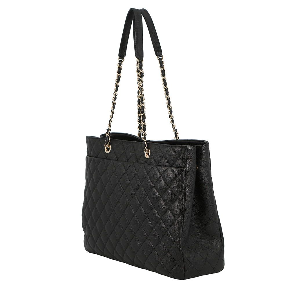Chanel Chain Tote Quilted CC Logo Large Shopping Caviar Leather Black — view 2