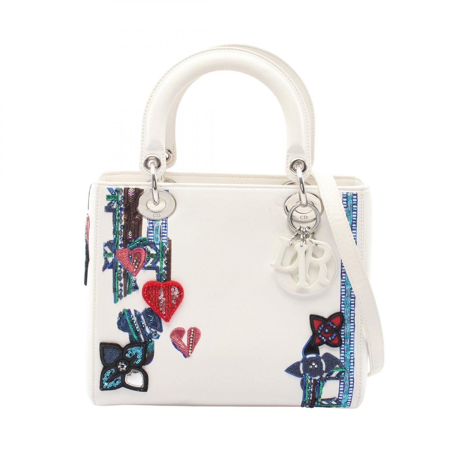 Dior Handbag Lady Dior Sequin Embroidery Patch 2-Way White Multi Leather Tote