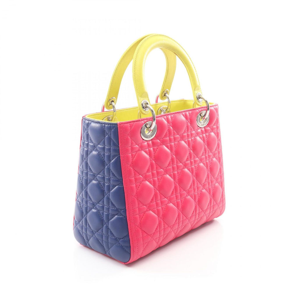 Dior Handbag Lady Dior Cannage 2-Way Magenta Blue Yellow Lambskin Tote — view 2