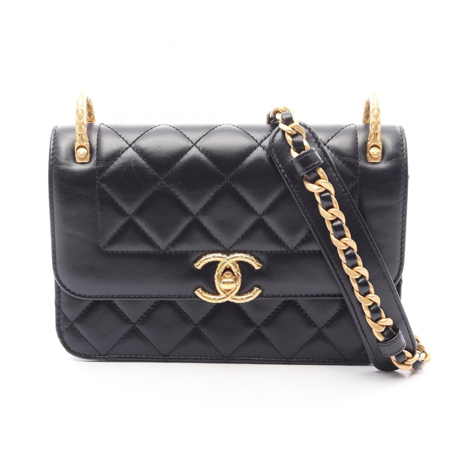 Chanel Shoulder Bag Quilted Black Lambskin Chain