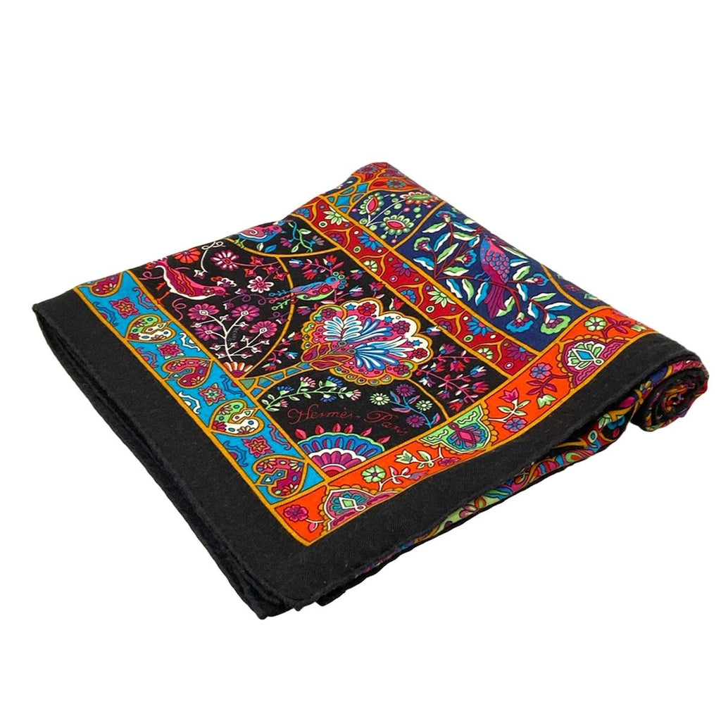 Hermes Shawl Carre Geant 140 Black Orange Multi Au Pays Des Oiseaux Fleurs in