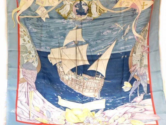 Hermes Christophe Colomb Carre 90 Silk 100% Large Scarf Light Blue