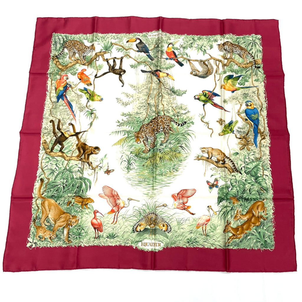 Hermes Scarf Carre 90 Equateur Red Right Under The Road Animal Bird All Over
