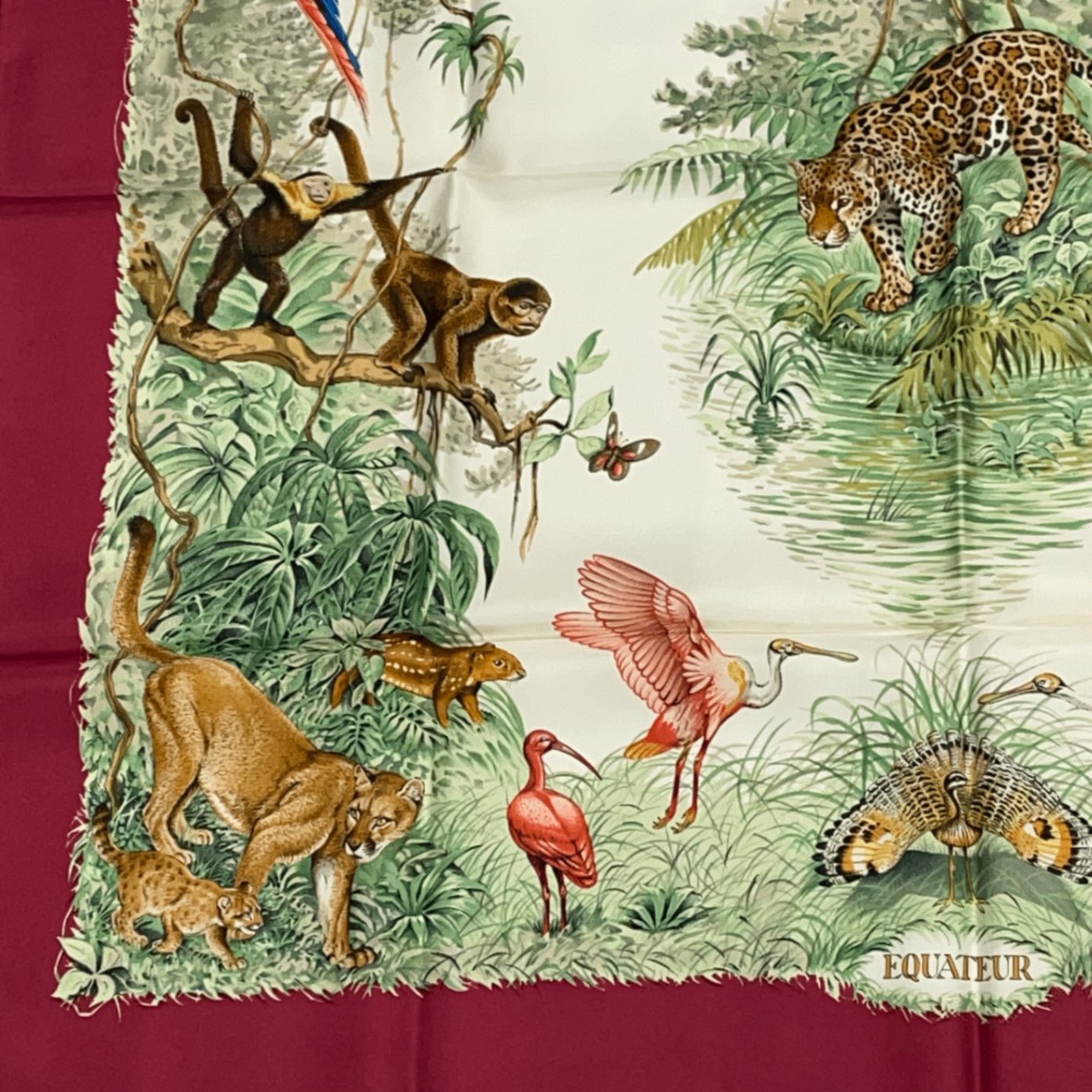 Hermes Scarf Carre 90 Equateur Red Right Under The Road Animal Bird All Over