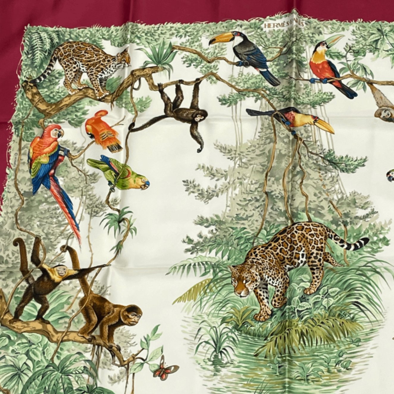 Hermes Scarf Carre 90 Equateur Red Right Under The Road Animal Bird All Over