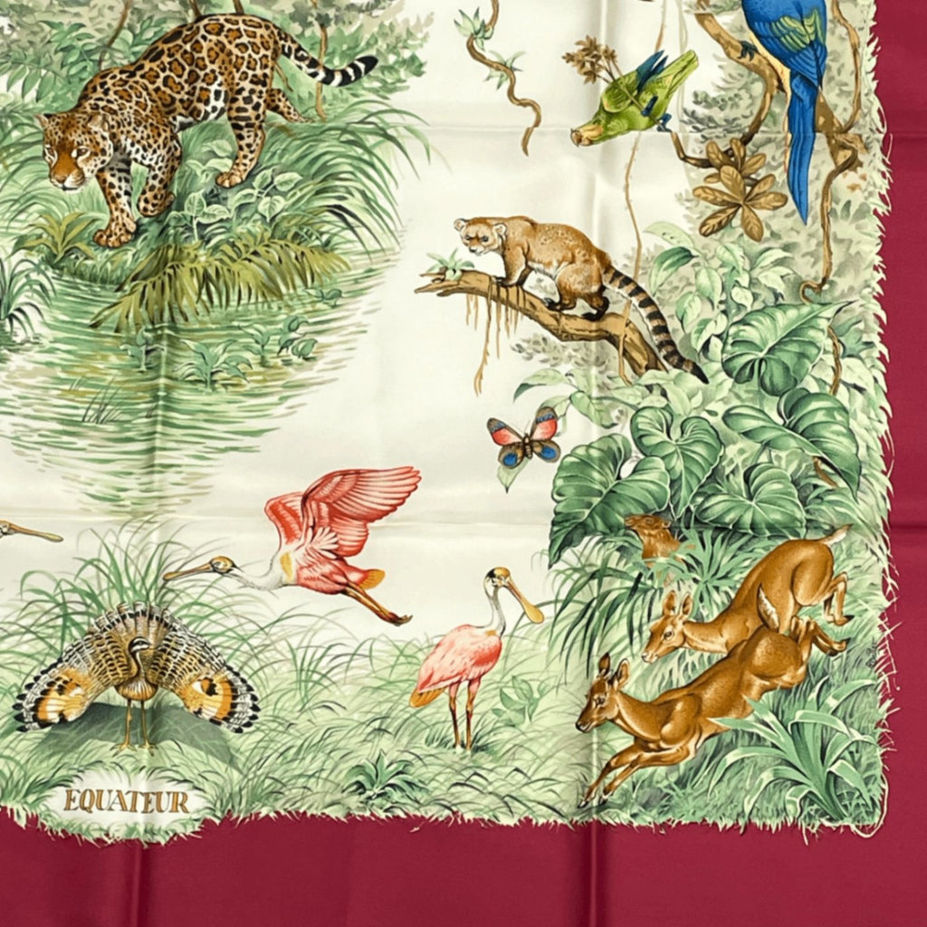 Hermes Scarf Carre 90 Equateur Red Right Under The Road Animal Bird All Over
