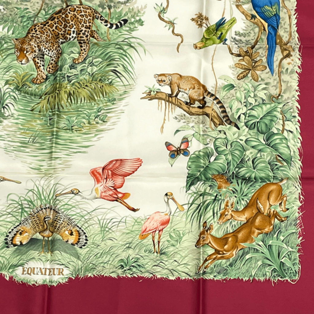 Hermes Scarf Carre 90 Equateur Red Right Under the Road Animal Bird All Over — view 5