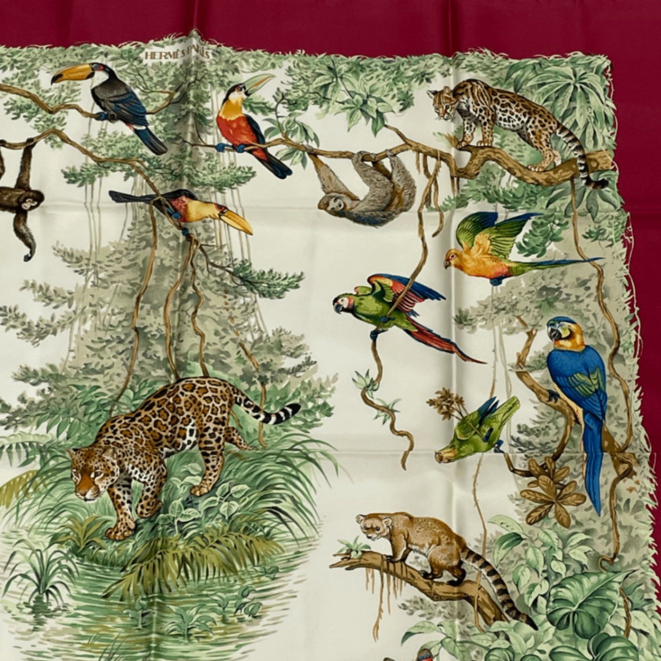 Hermes Scarf Carre 90 Equateur Red Right Under The Road Animal Bird All Over