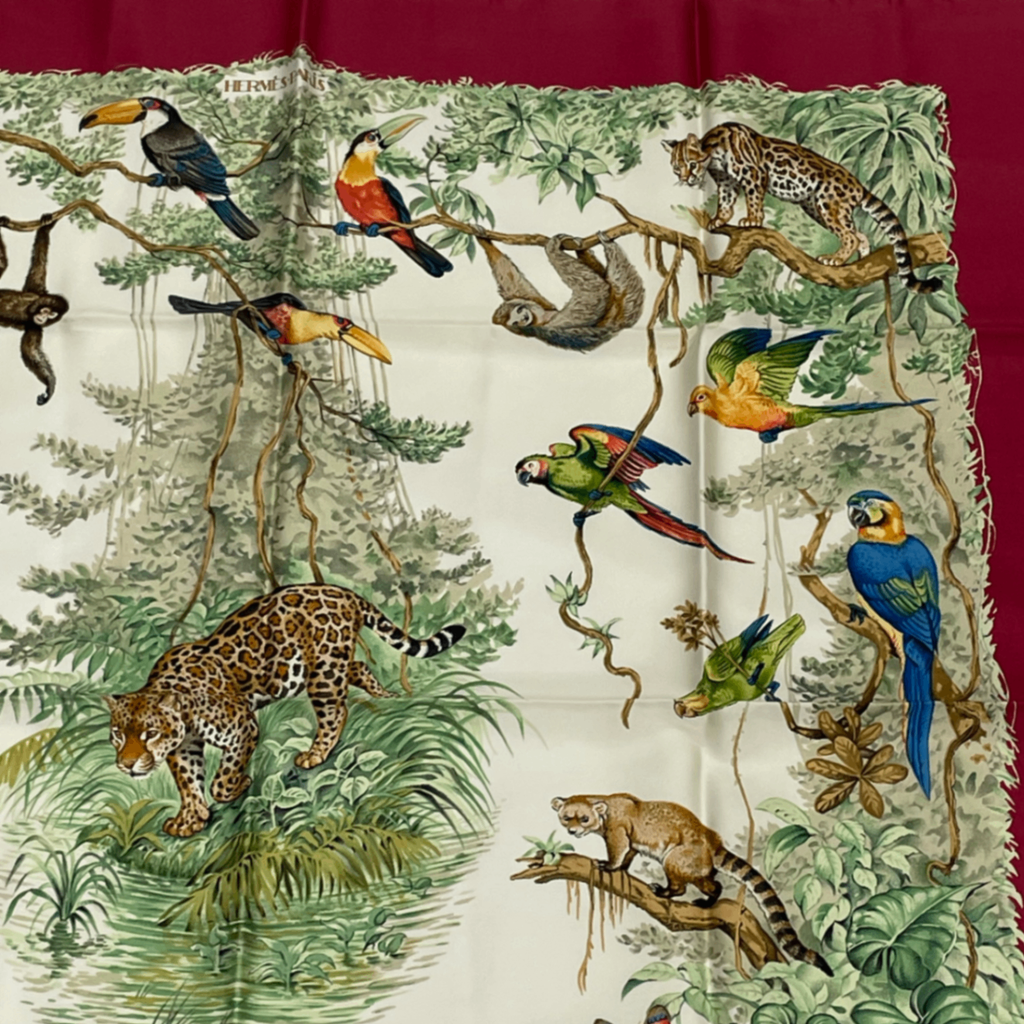 Hermes Scarf Carre 90 Equateur Red Right Under the Road Animal Bird All Over — view 3
