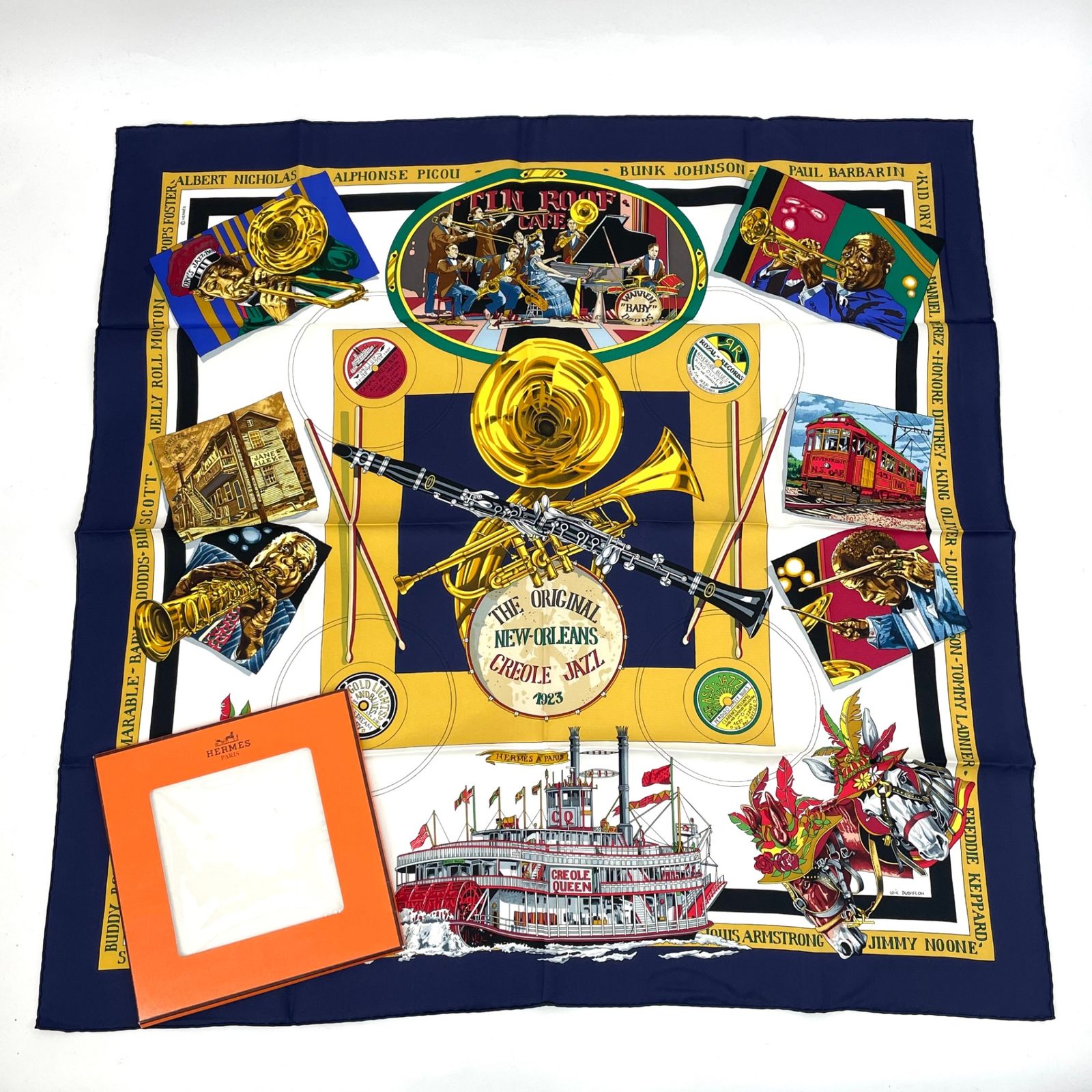 Hermes Carre 90 the Original New Orleans Creole Jazz New Scarf Silk Navy
