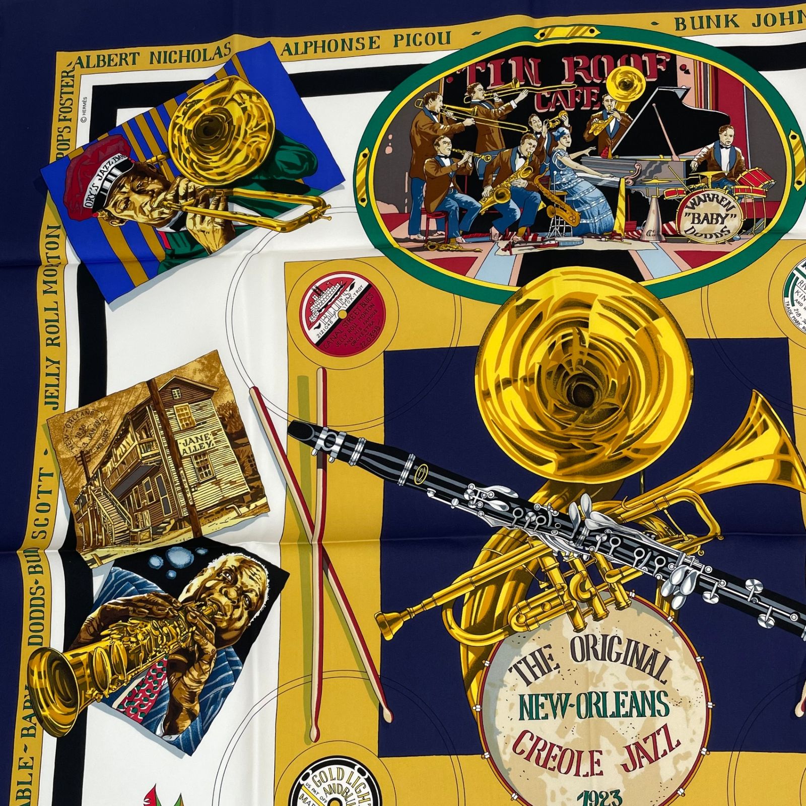 Hermes Carre 90 the Original New Orleans Creole Jazz New Scarf Silk Navy — view 3