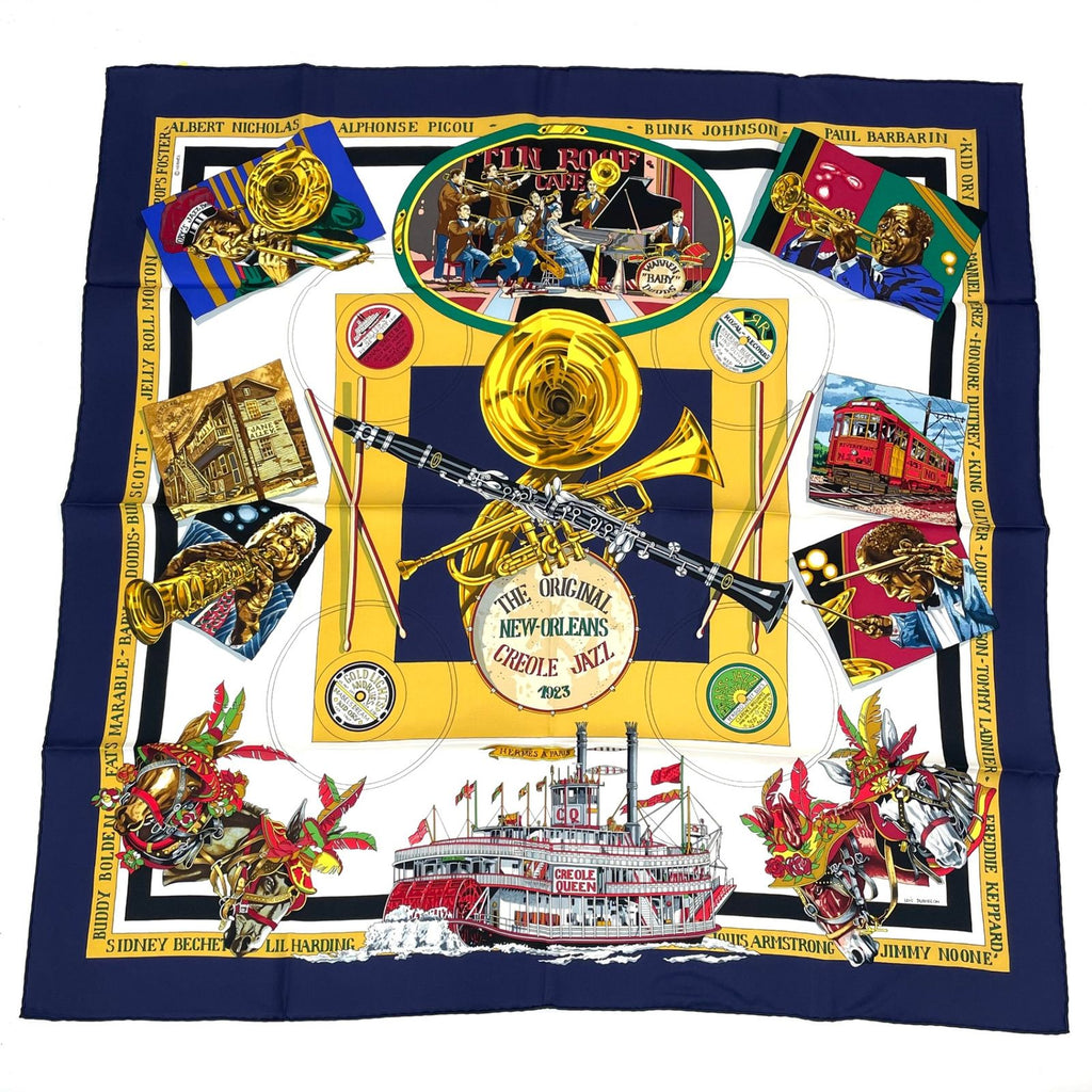 Hermes Carre 90 the Original New Orleans Creole Jazz New Scarf Silk Navy — view 2