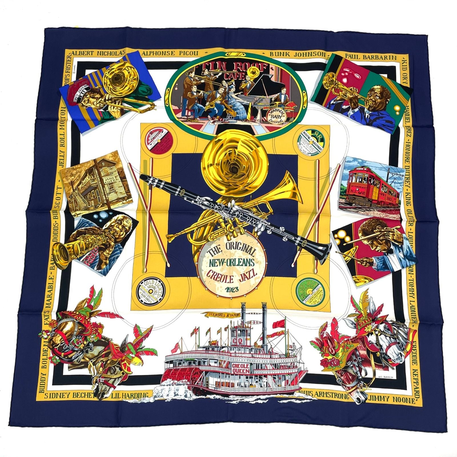 Hermes Carre 90 the Original New Orleans Creole Jazz New Scarf Silk Navy — view 2