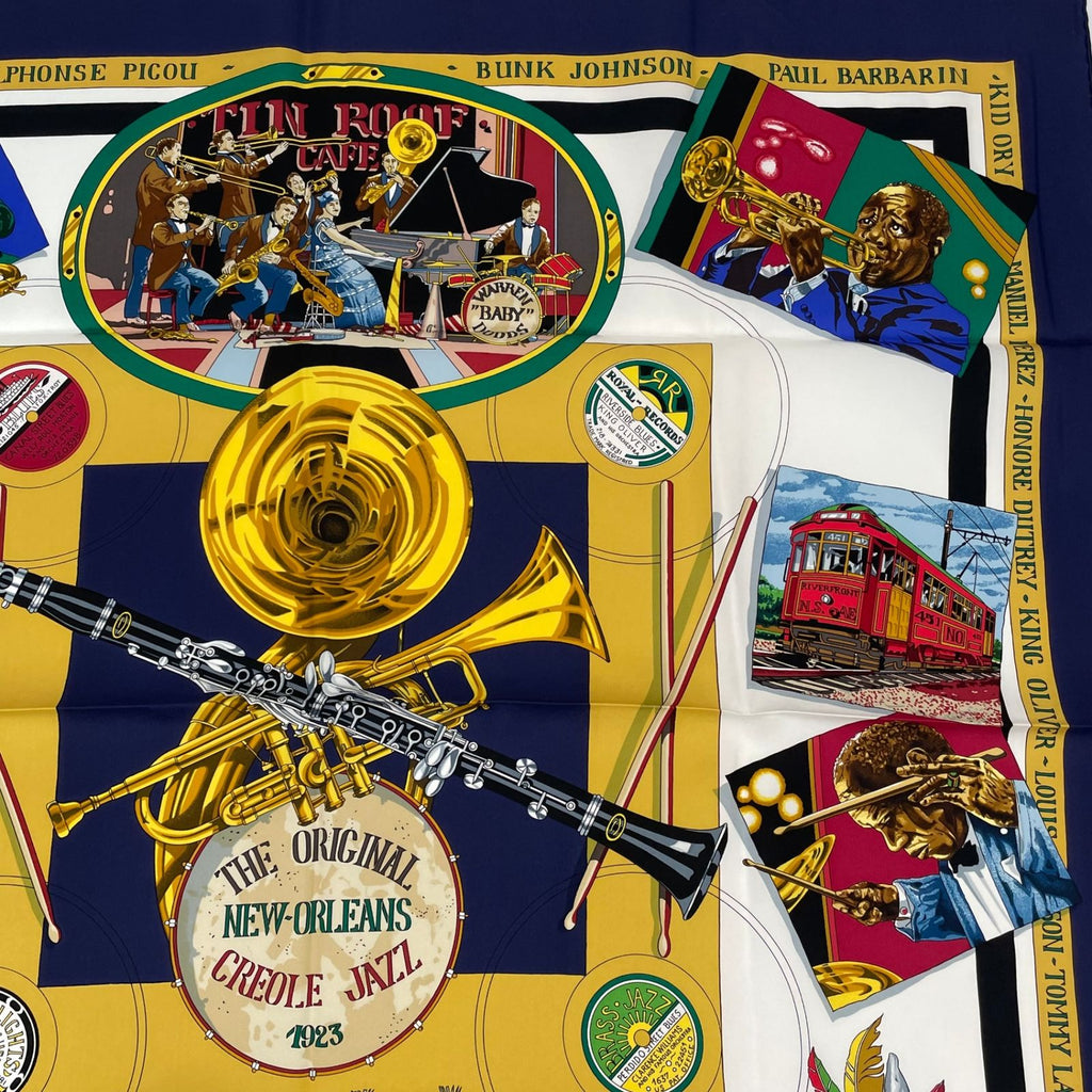 Hermes Carre 90 the Original New Orleans Creole Jazz New Scarf Silk Navy — view 4