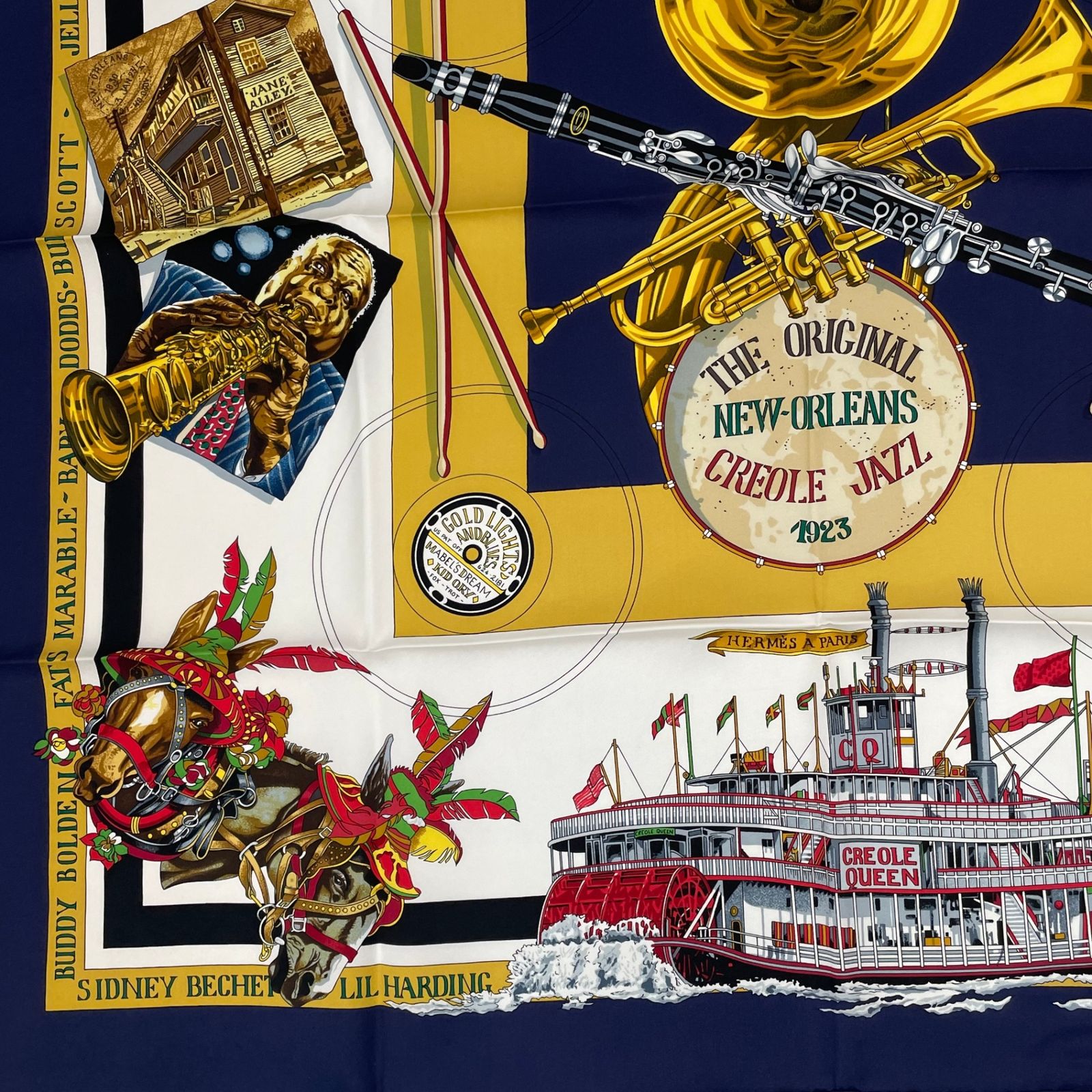 Hermes Carre 90 the Original New Orleans Creole Jazz New Scarf Silk Navy — view 5