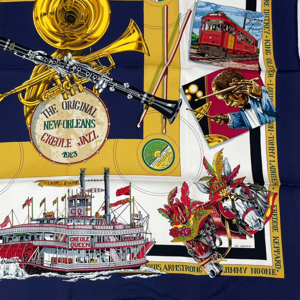 Hermes Carre 90 the Original New Orleans Creole Jazz New Scarf Silk Navy — view 6