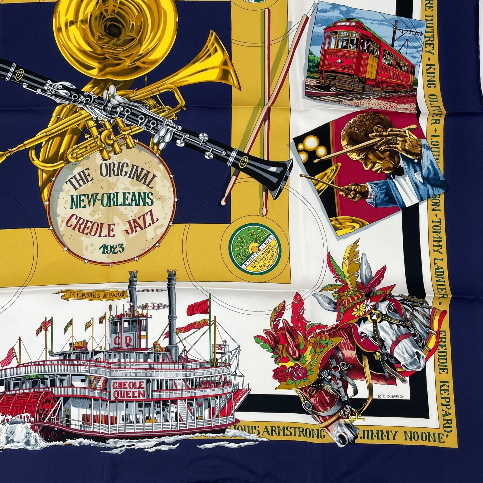 Hermes Carre 90 the Original New Orleans Creole Jazz New Scarf Silk Navy — view 6