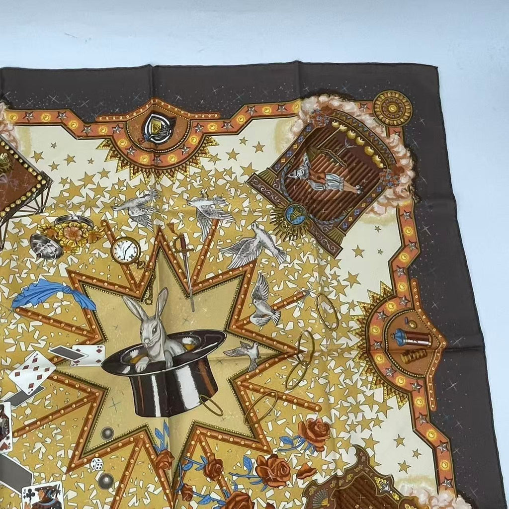 Hermes Carre 90 la Magie Magic Rabbit Pigeon Clown Silk Brown Scarf — view 3
