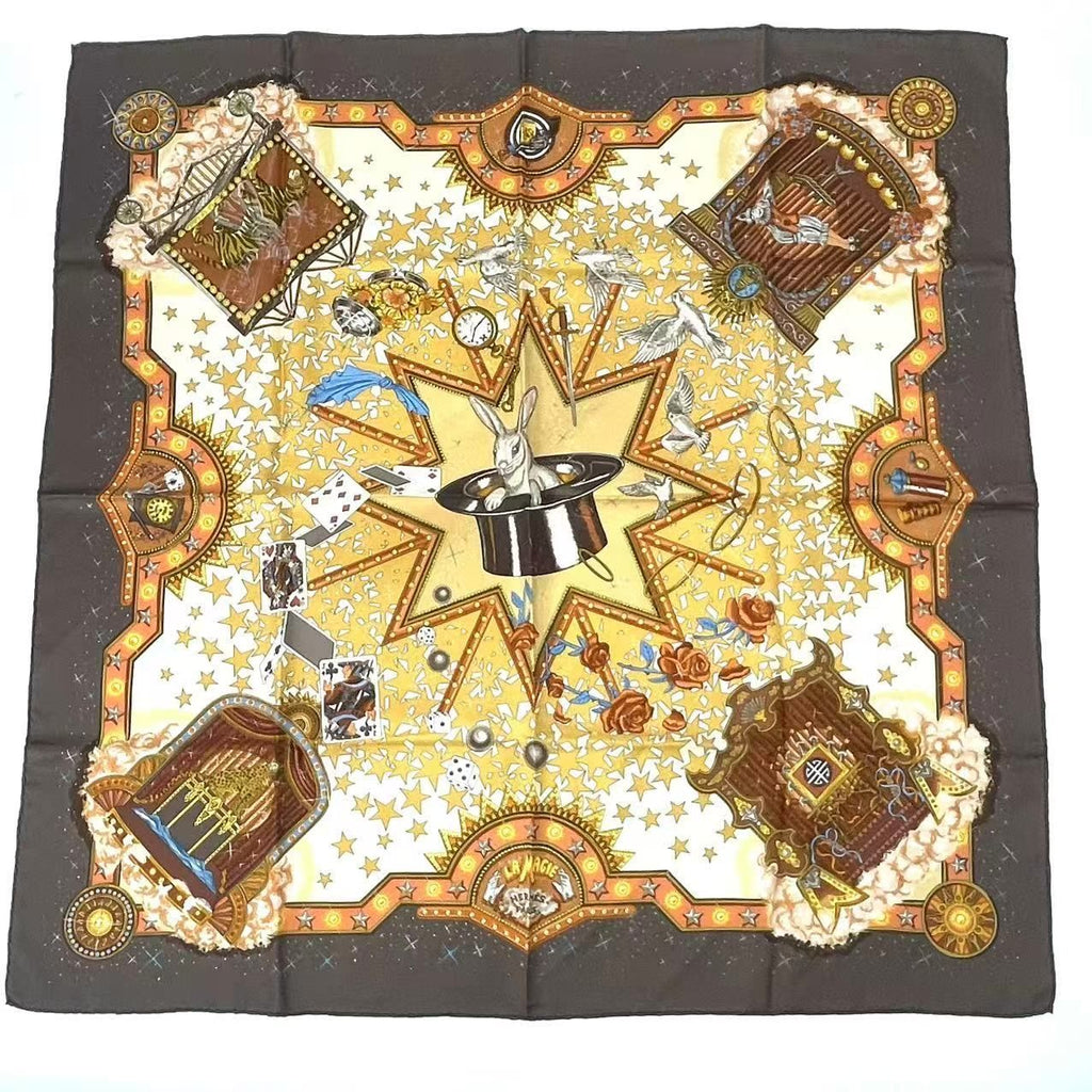 Hermes Carre 90 la Magie Magic Rabbit Pigeon Clown Silk Brown Scarf