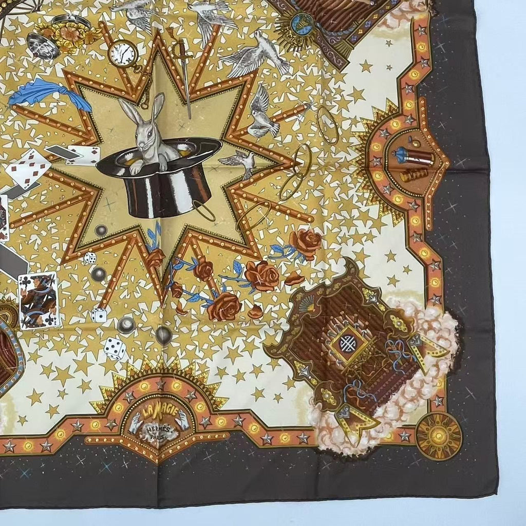 Hermes Carre 90 la Magie Magic Rabbit Pigeon Clown Silk Brown Scarf — view 5
