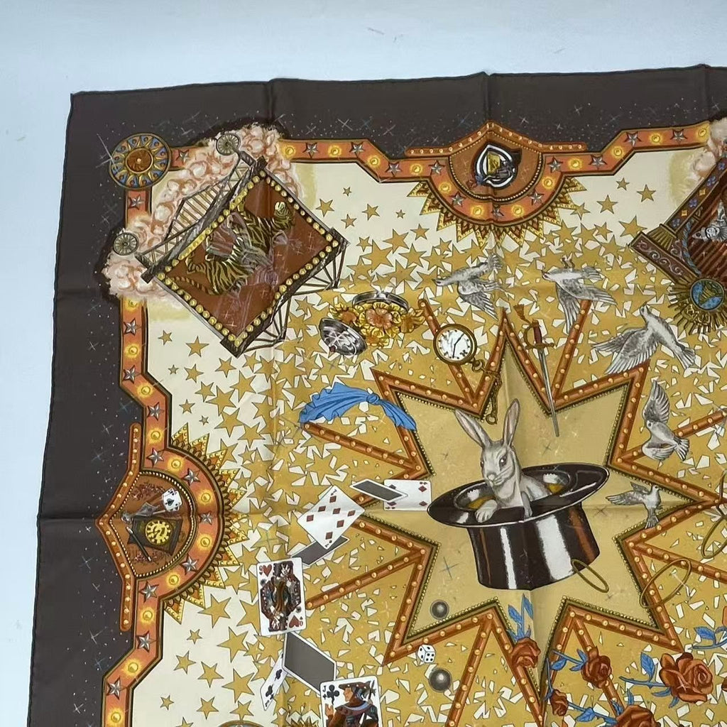 Hermes Carre 90 la Magie Magic Rabbit Pigeon Clown Silk Brown Scarf — view 2