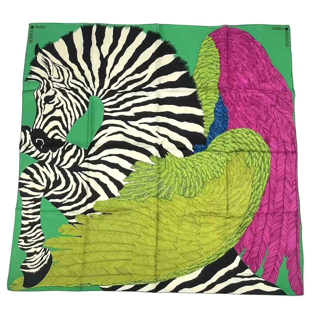 Hermes Carre 90 Zebra Pegasus Scarf Silk Green