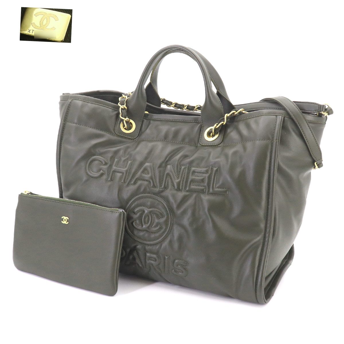 Chanel Deauville GM 2-Way Tote Chain Shoulder Bag Leather Khaki — view 2