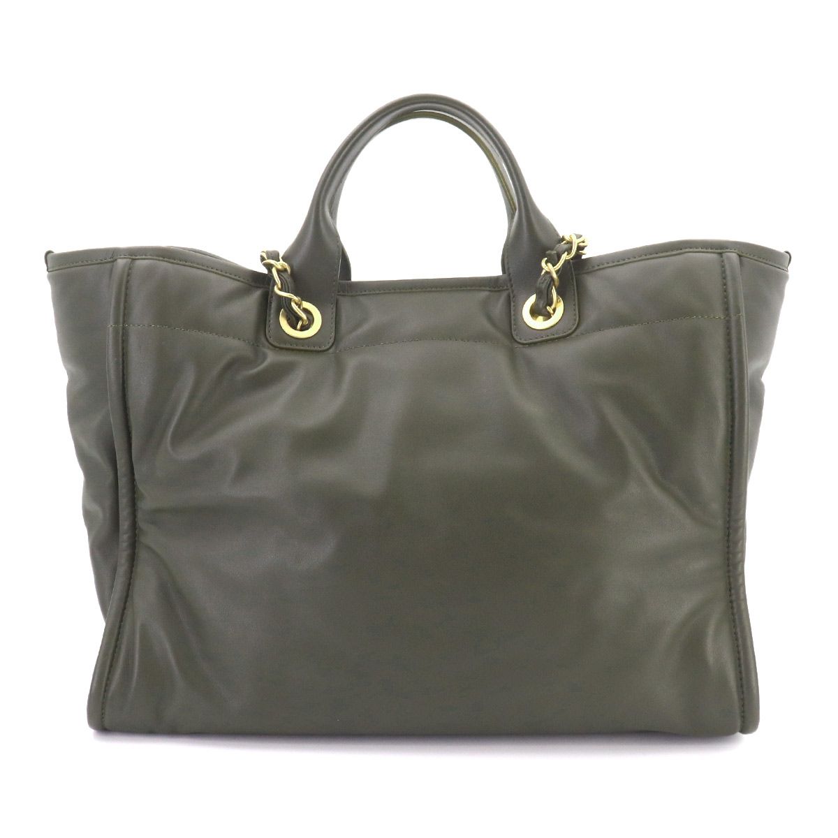 Chanel Deauville GM 2-Way Tote Chain Shoulder Bag Leather Khaki — view 3