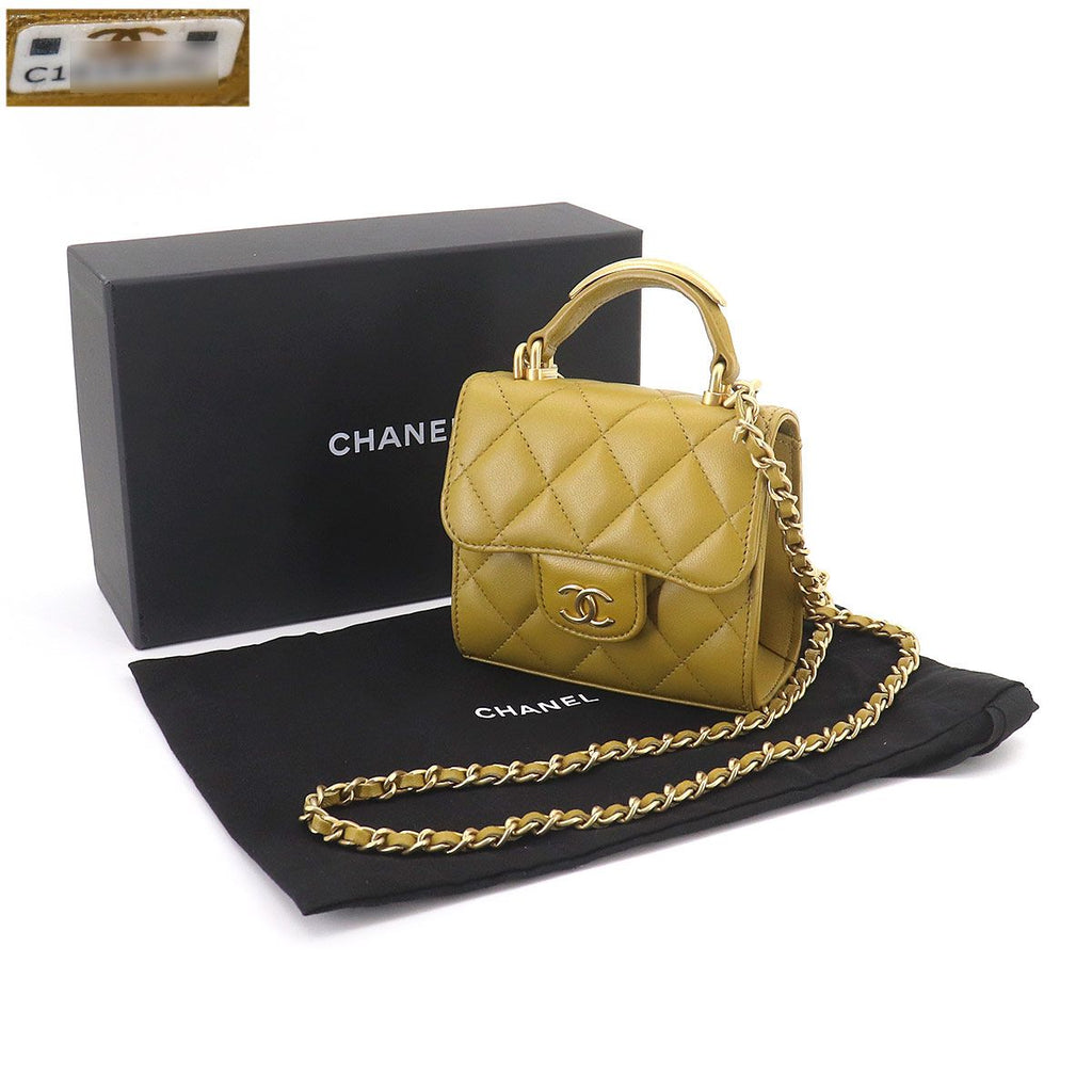 Chanel Quilted Mini Chain Shoulder Bag Lambskin Green Gold — view 2