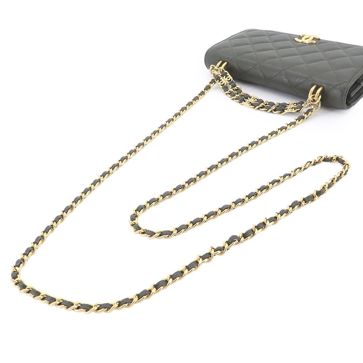 Chanel Quilted Chain Wallet Leather Green Gold — view 5