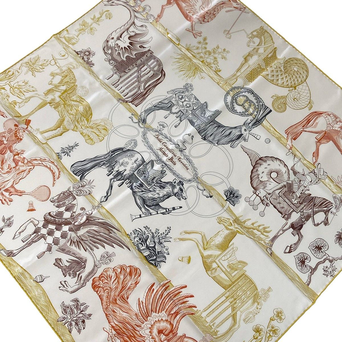 Hermes Scarf Carre 90 Ivory Yellow Multi Della Cavalleria Favolosa