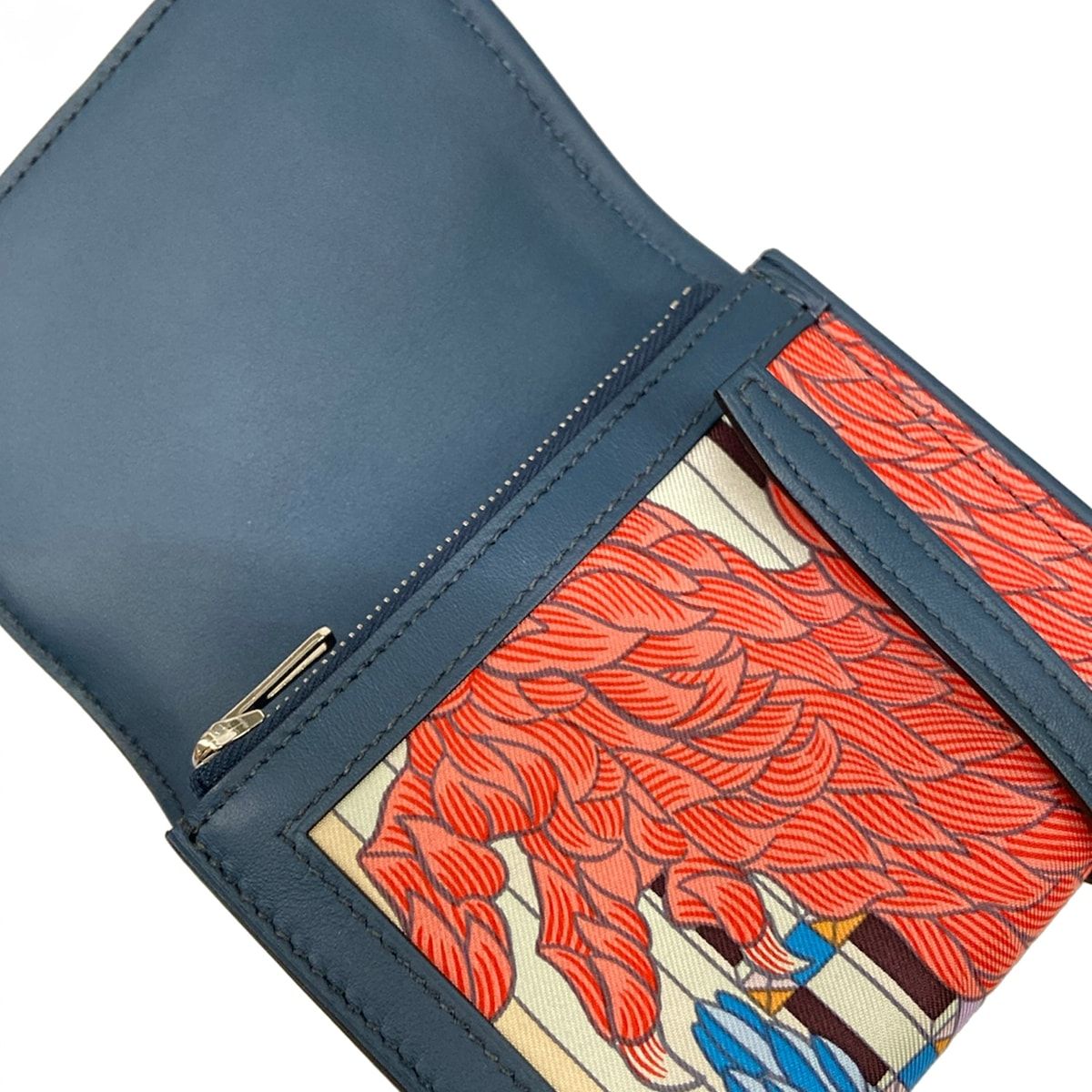 Hermes Coin Case Avec Soie Compact Blue Deplus Animapolis Silver Silk — view 3