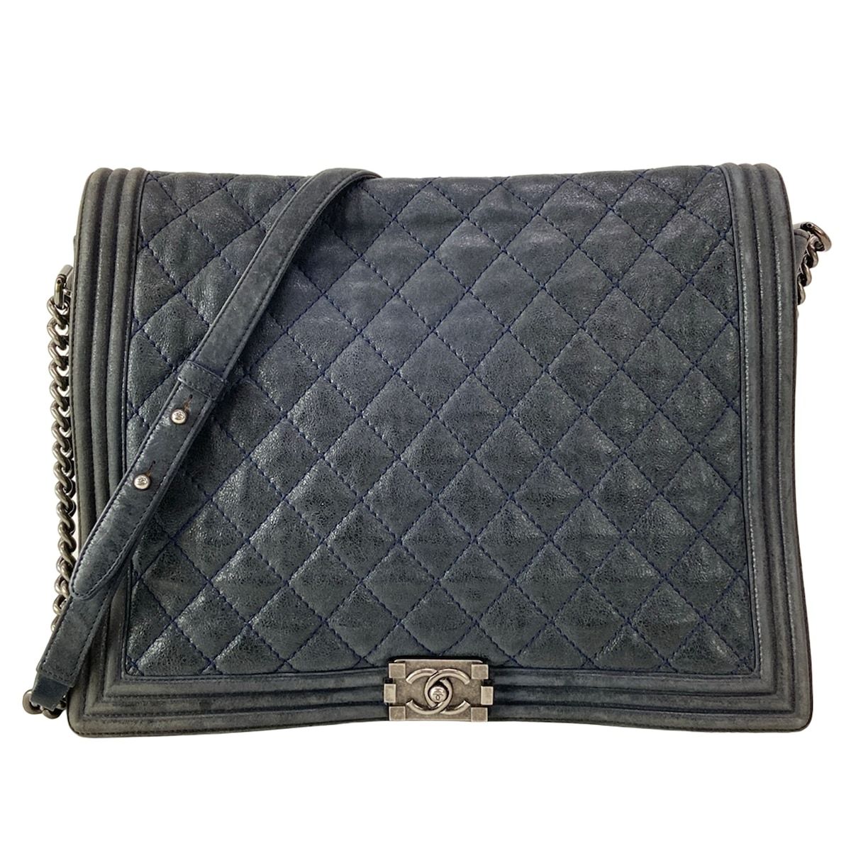 Chanel Shoulder Bag Paris Dallas Boy Dark Navy Chain Vintage Silver Leather