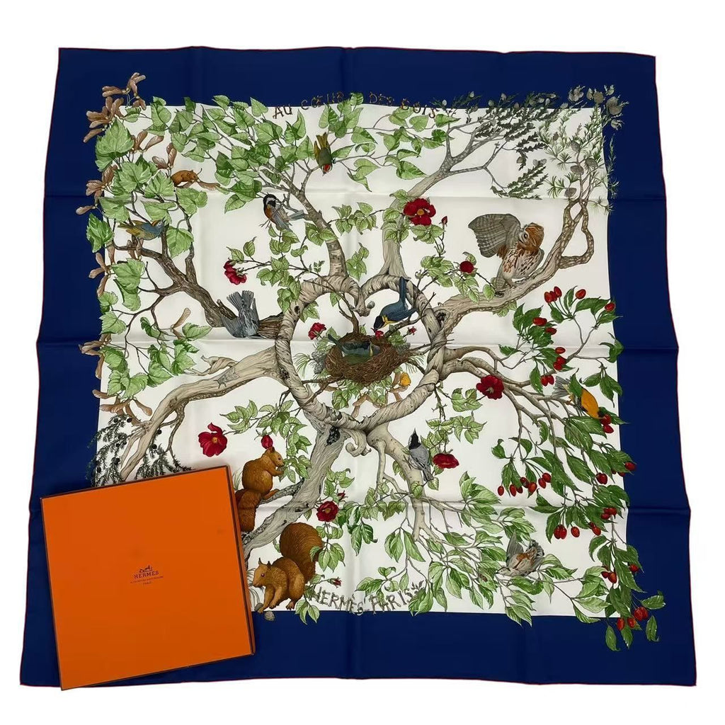Hermes Carre 90 AU Coeur Des Bois in the Forest Scarf Silk Navy