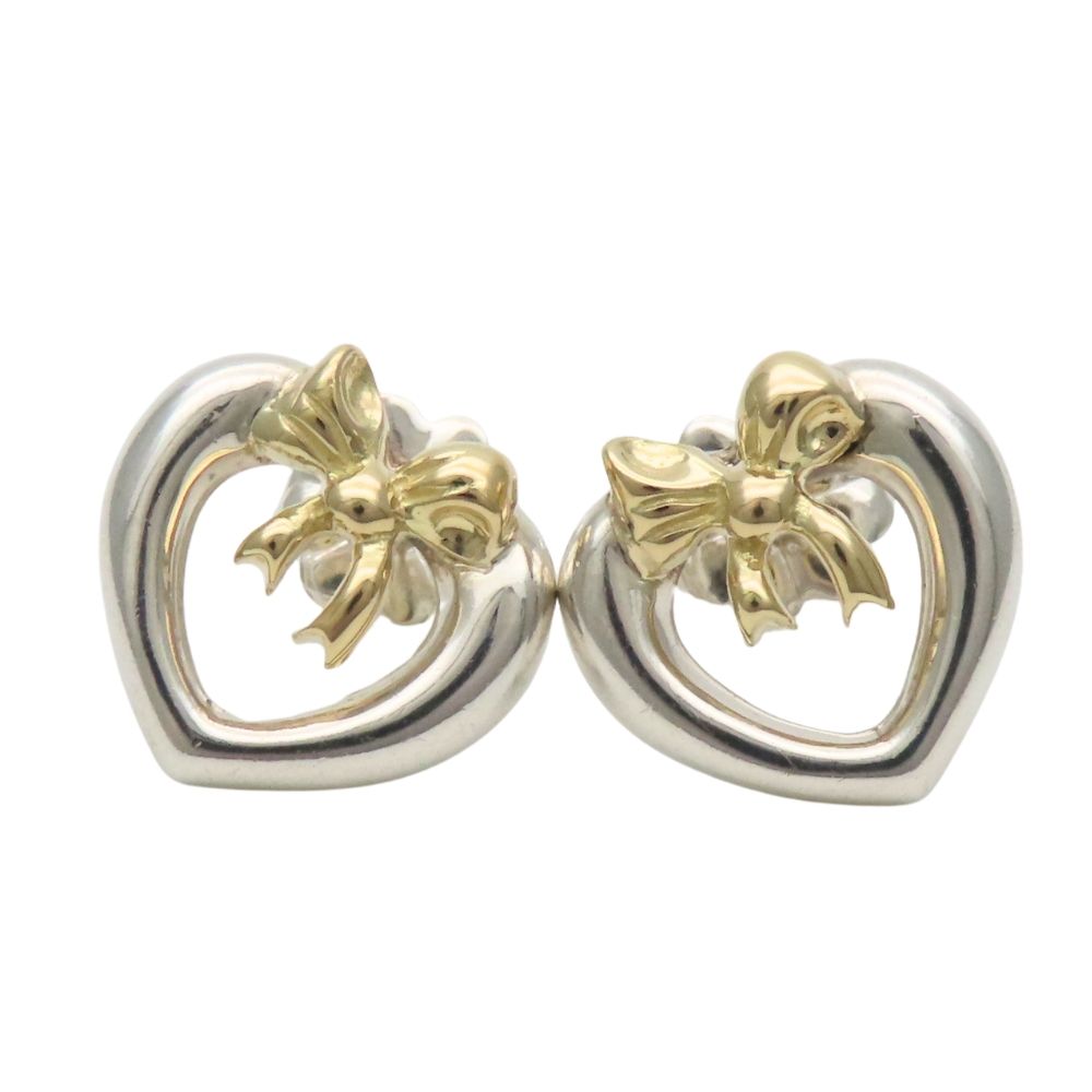 Tiffany & Co Earrings Heart Ribbon Open 925 Sterling Silver 18k Yellow Gold