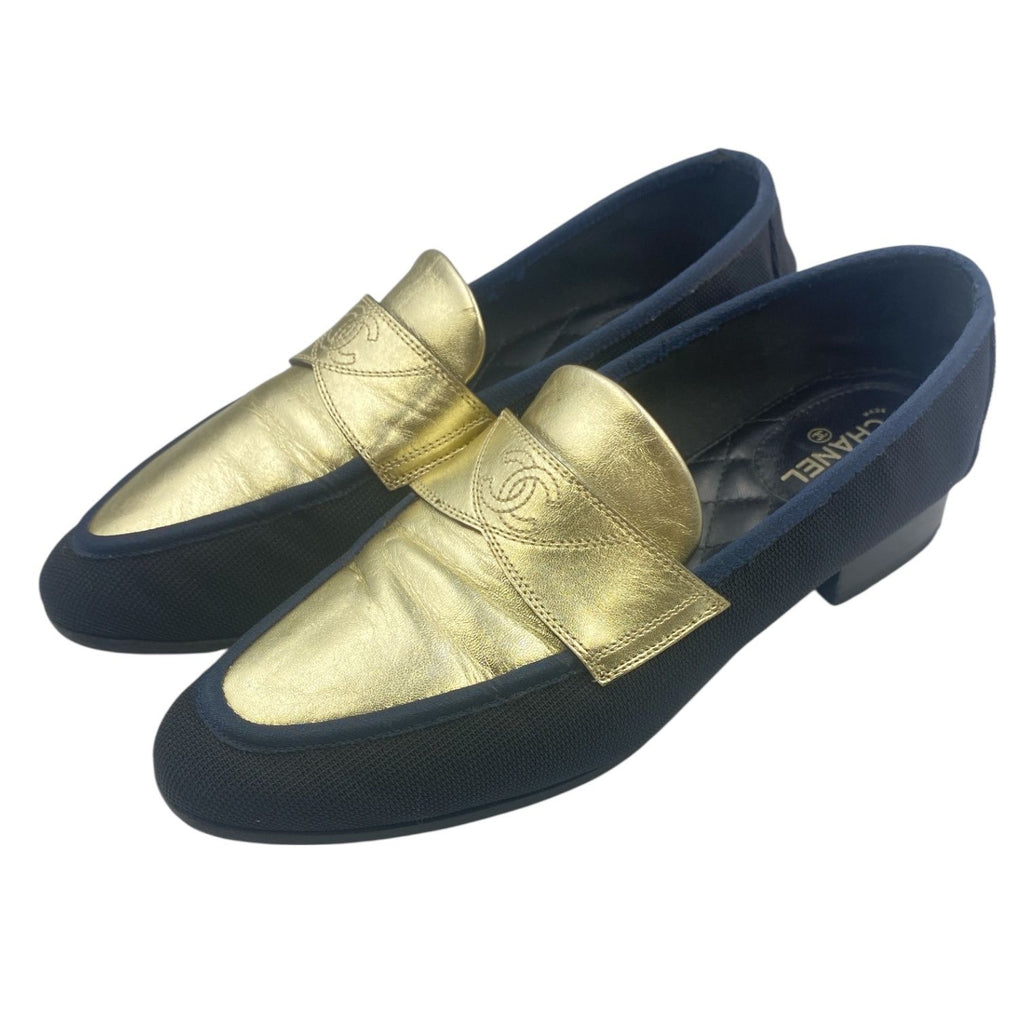 Chanel Loafers Shoes Leather CC Logo Mesh Gold Black