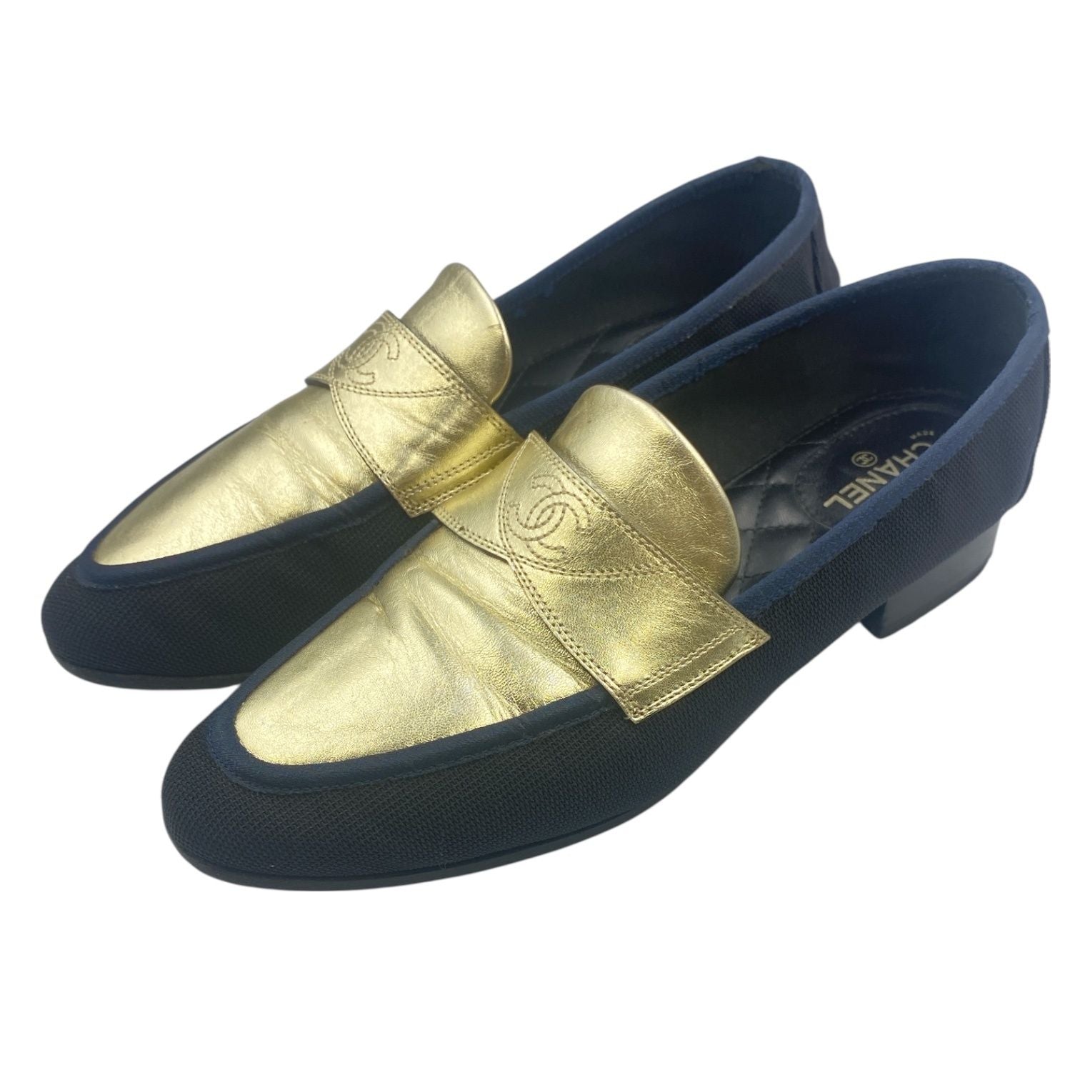 Chanel Loafers Shoes Leather CC Logo Mesh Gold Black