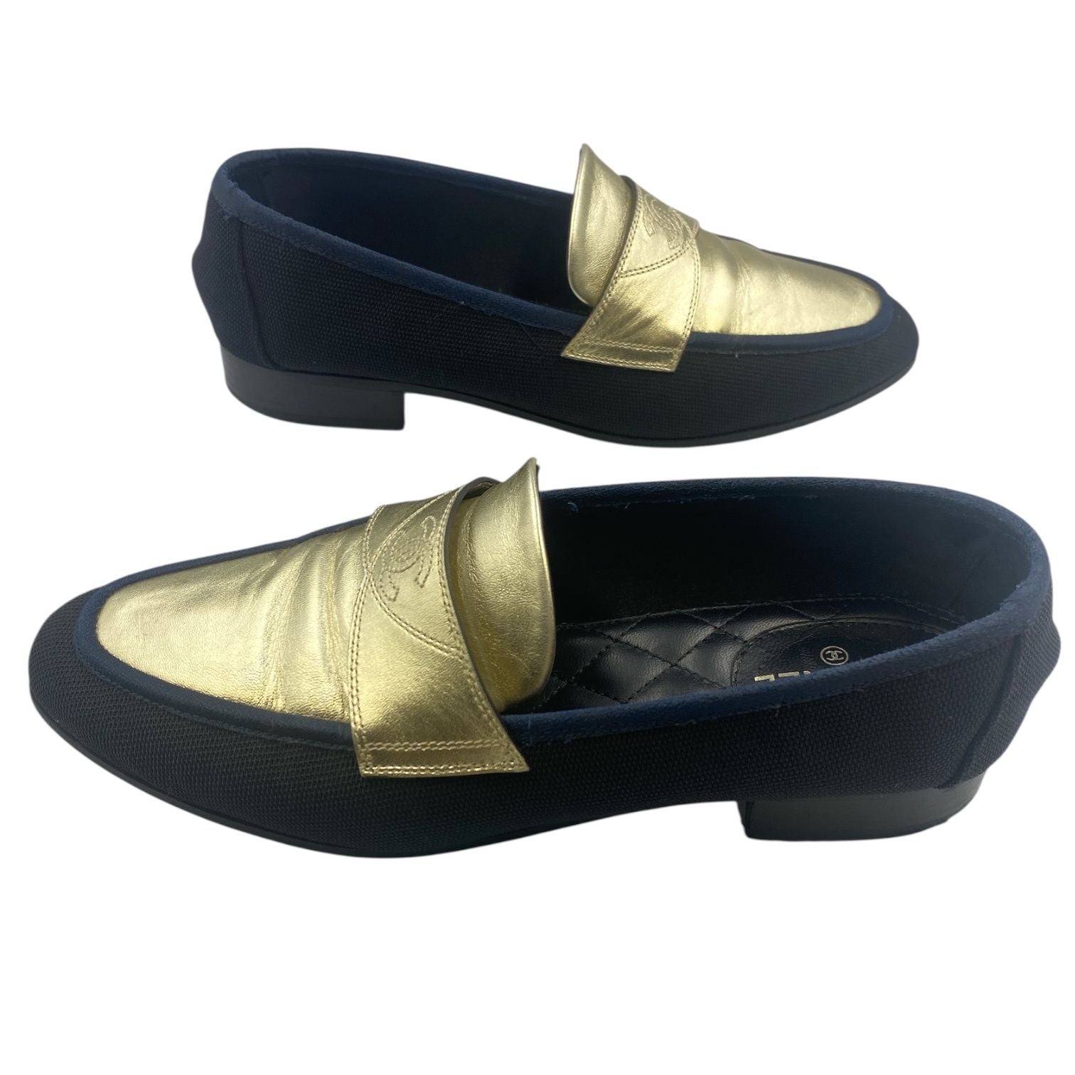 Chanel Loafers Shoes Leather CC Logo Mesh Gold Black — view 3