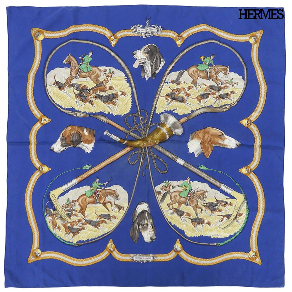 Hermes Carre 90 le Laisser Courre Silk Scarf Navy