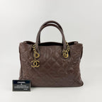 Chanel Quilted CC Logo Chain Tote Shoulder Bag Caviar Leather Brown Gold Vintage